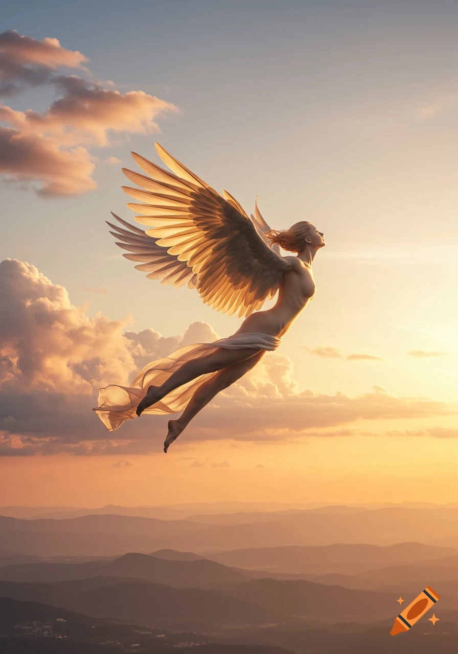 Photorealistic angelic woman with large wings flying gracefully over mountains at sunset.
