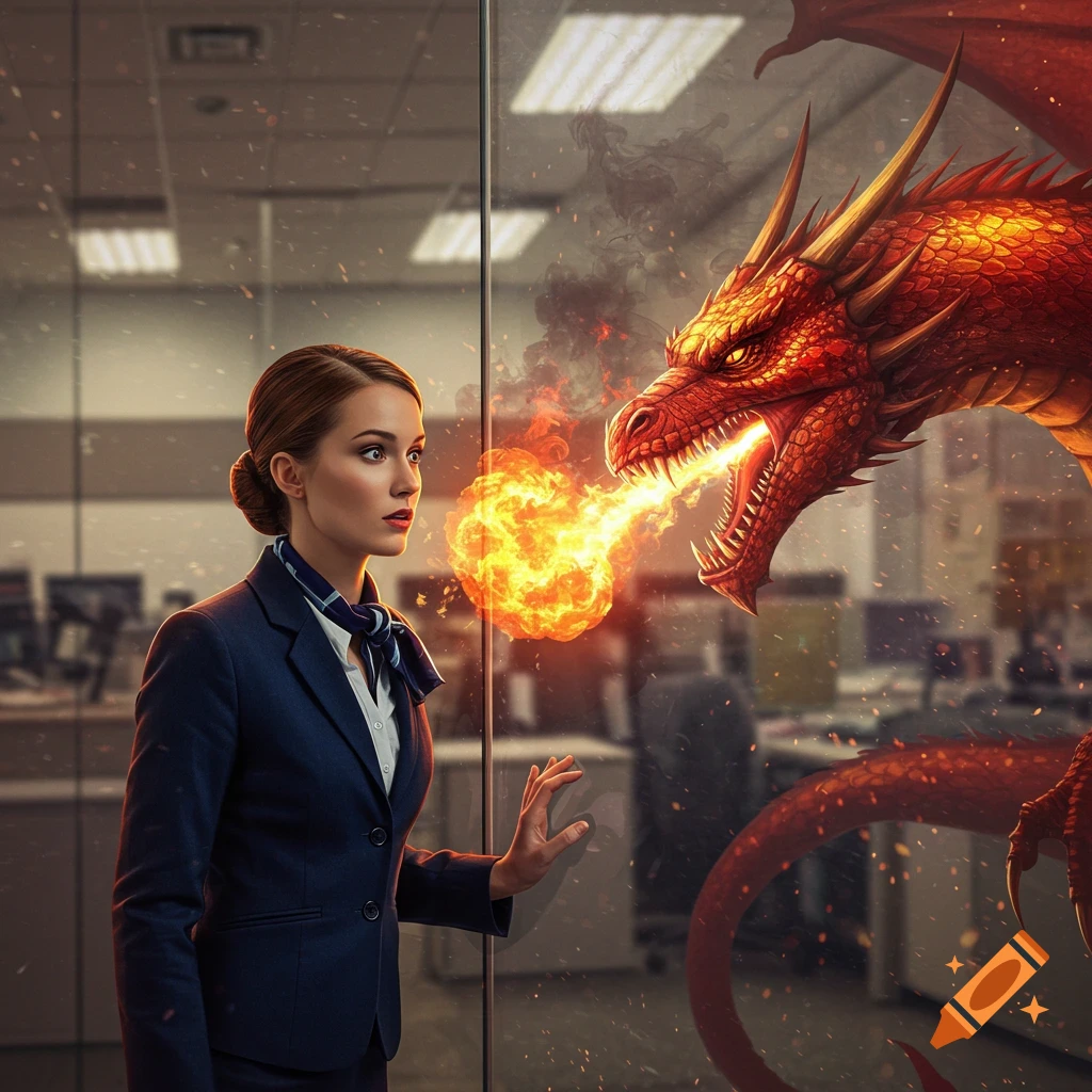 A businesswoman in an office stares in surprise at a large red dragon breathing fire through a glass wall, photorealistic style.