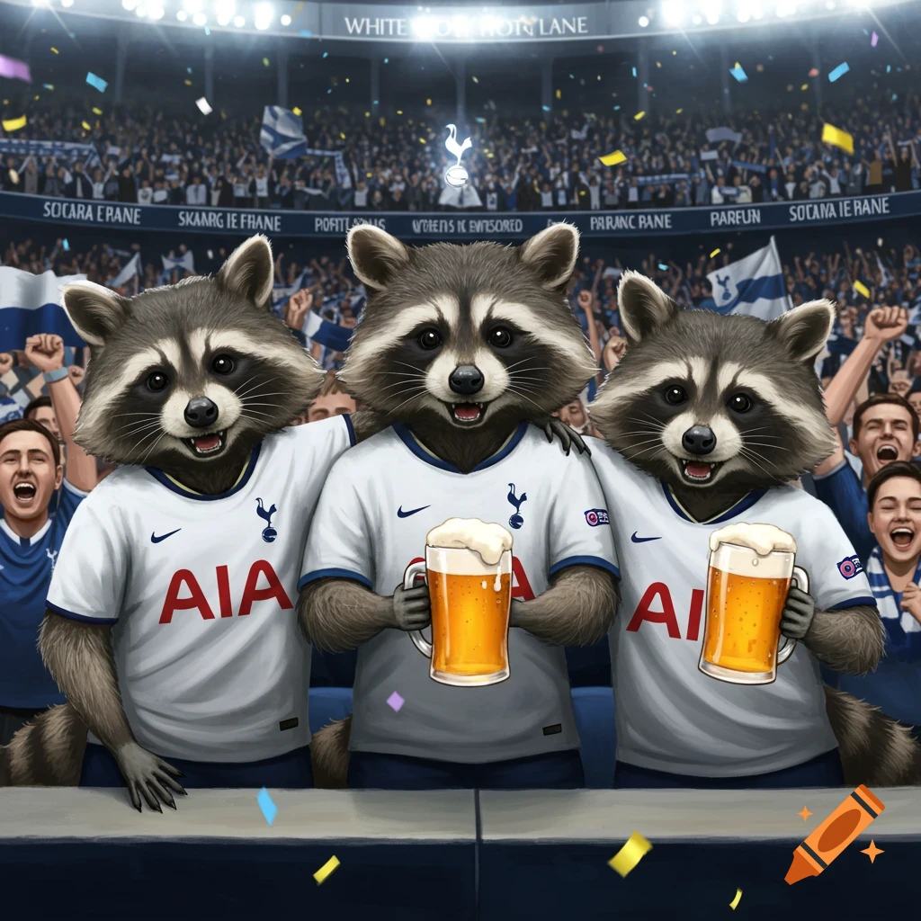 Three raccoons in white Tottenham Hotspur soccer jerseys holding pints of beer in a crowded stadium.