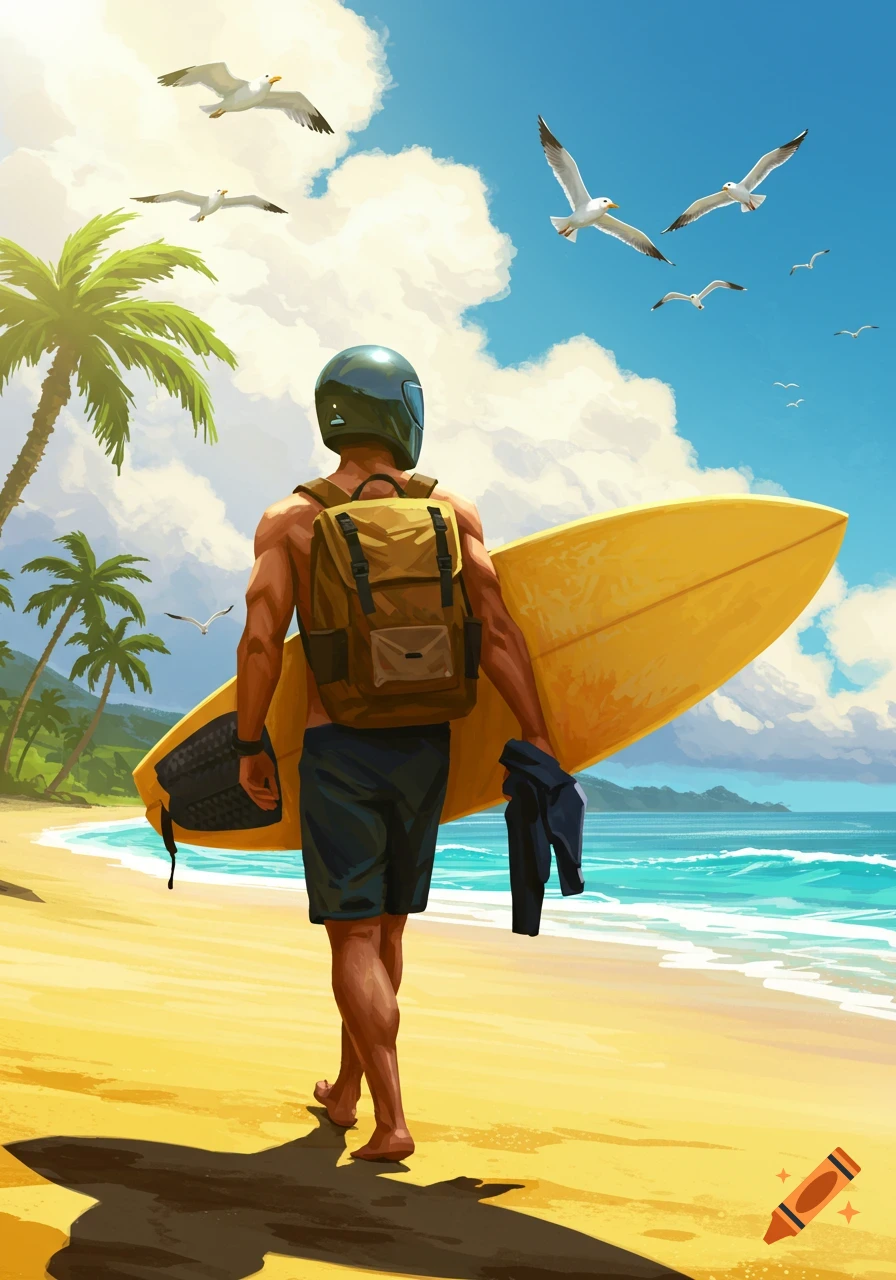 Illustrated image of a man in a helmet and backpack walking on a sunny beach, carrying a surfboard. Palm trees and seagulls are visible.