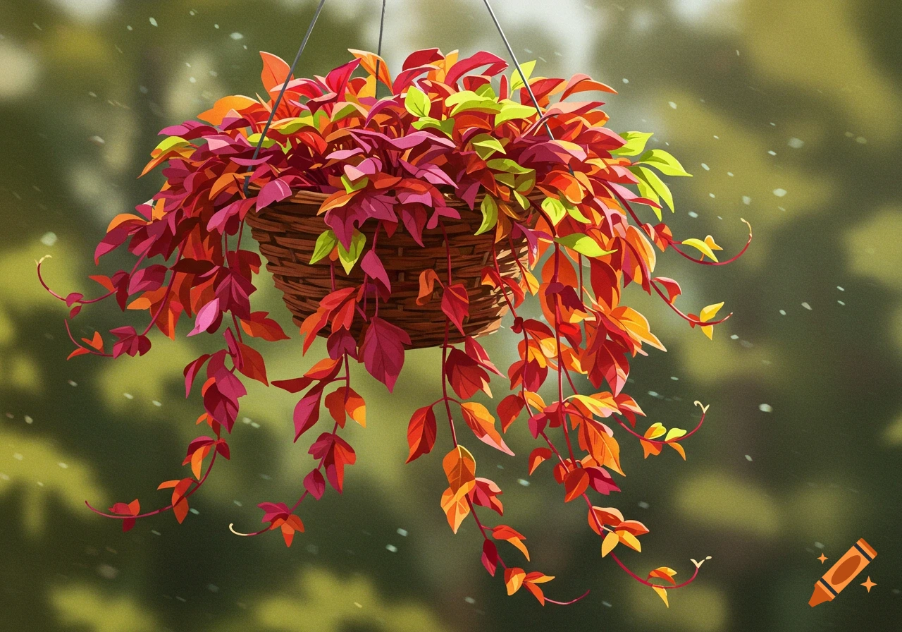 A vibrant hanging basket filled with colorful red, orange, and green foliage against a soft green background.