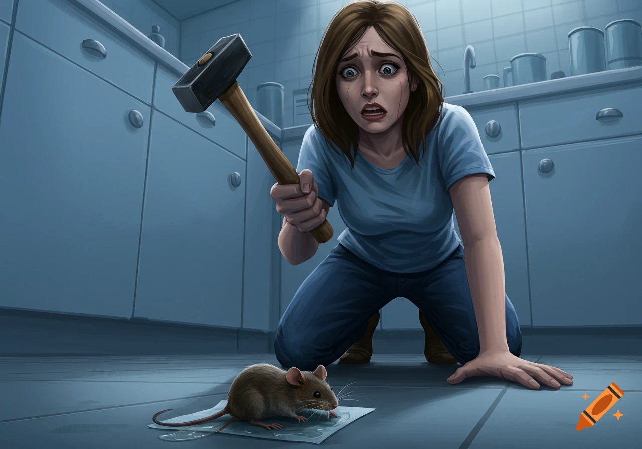 A frightened woman kneels in a kitchen, holding a hammer over a mouse stuck on a glue trap.