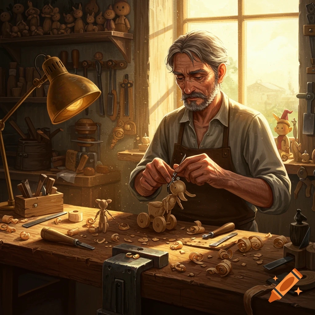 An old artisan with a beard meticulously carves a wooden toy elephant in a sunlit workshop filled with tools and wood shavings.