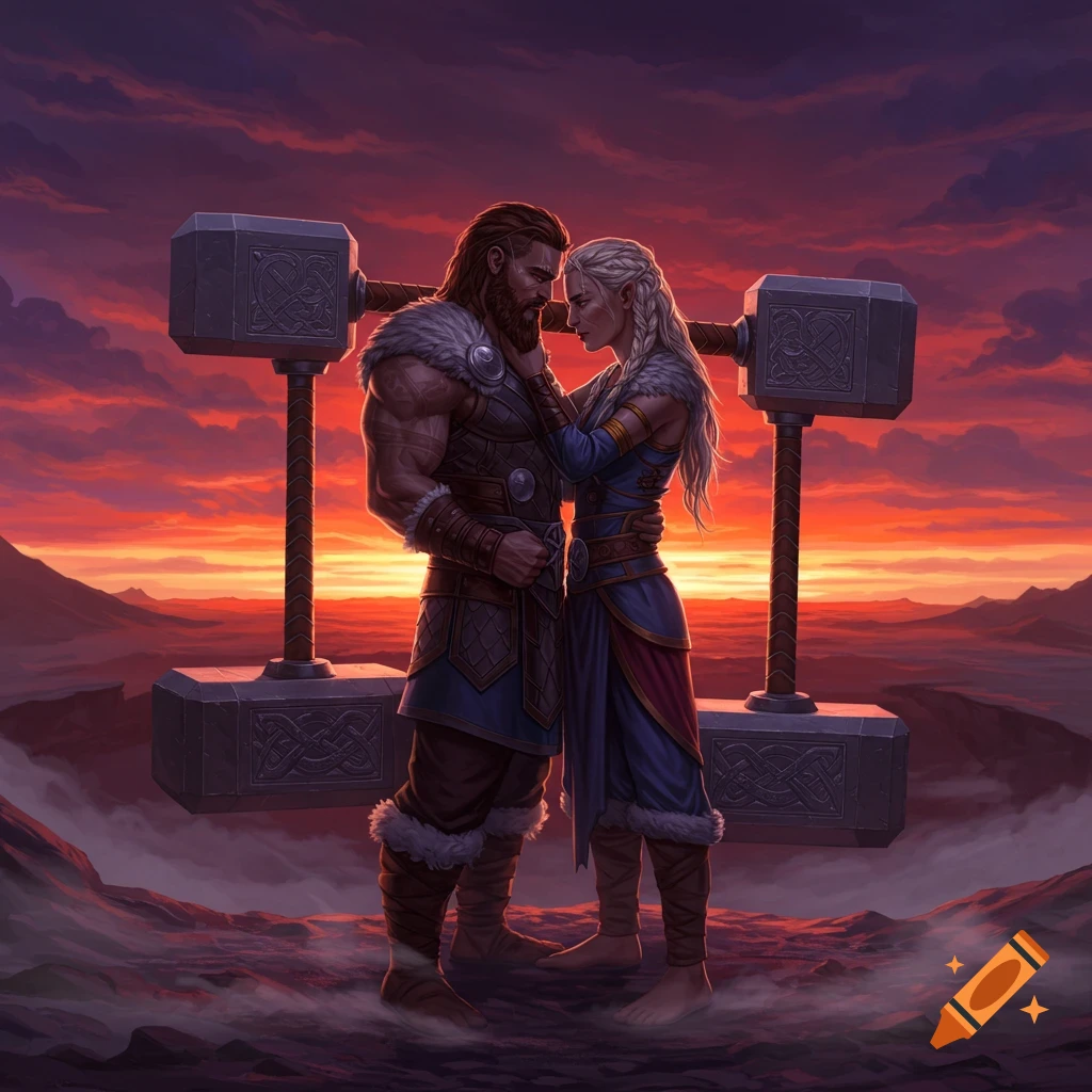 A fantasy couple, a bearded man and a braided woman, embrace at sunset with two large hammers behind them.