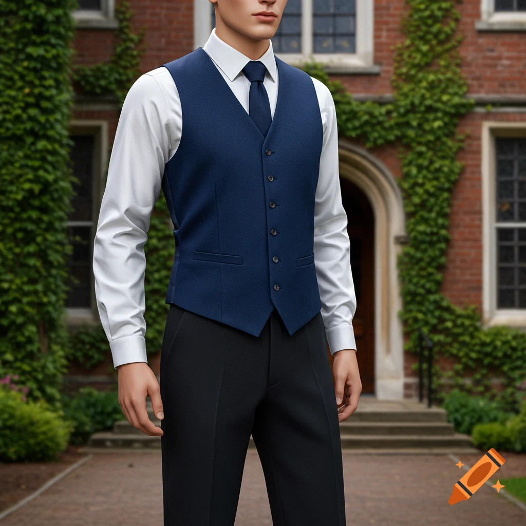 A male figure in a white shirt, dark blue vest, and black pants stands in front of an ivy-covered brick building.