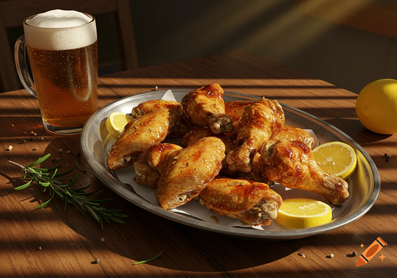A plate of glossy chicken wings with lemon slices and rosemary, next to a mug of beer, on a sunlit wooden table.