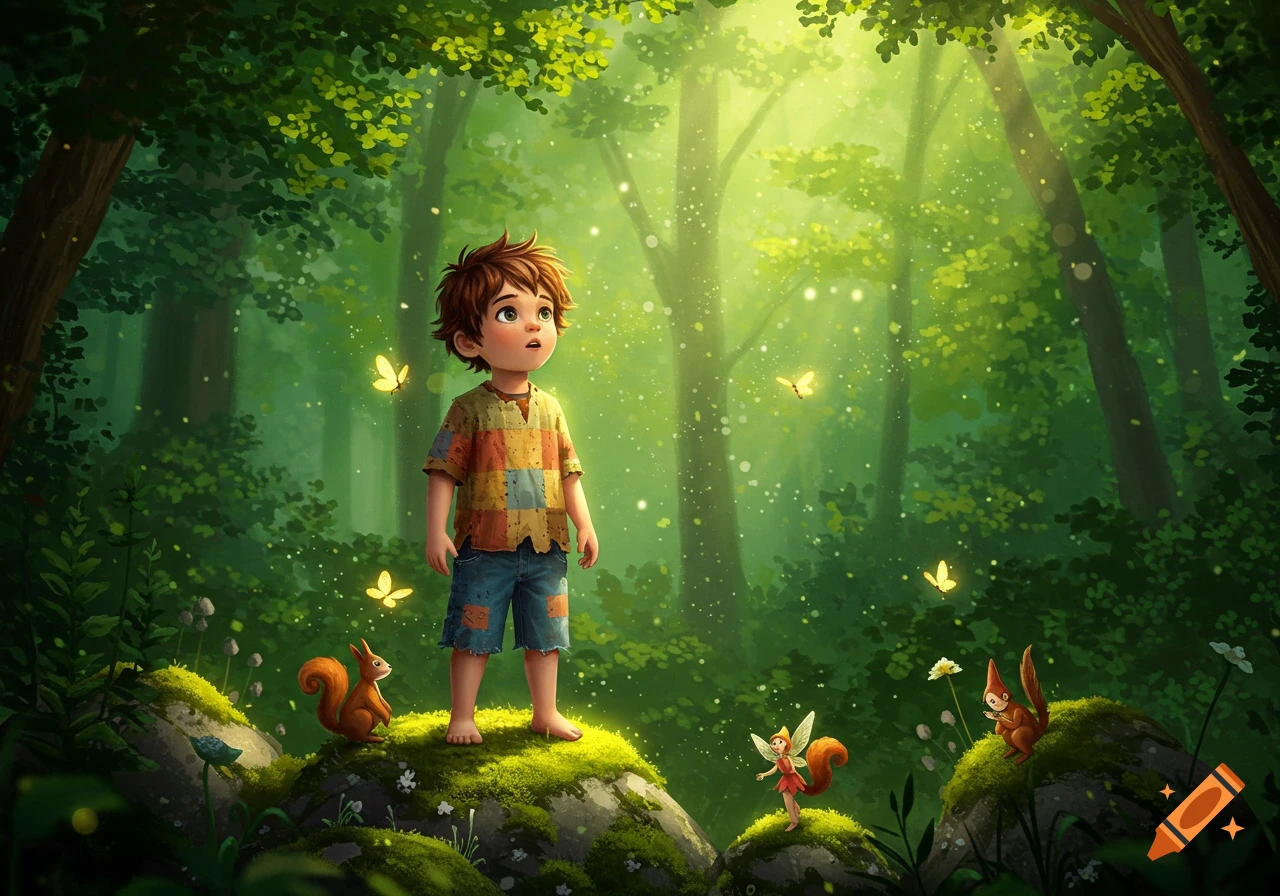 A young boy with a patched shirt and shorts stands barefoot on a mossy rock in a magical forest, looking up at glowing butterflies and sparkling light. Two squirrels and a tiny fairy are nearby.