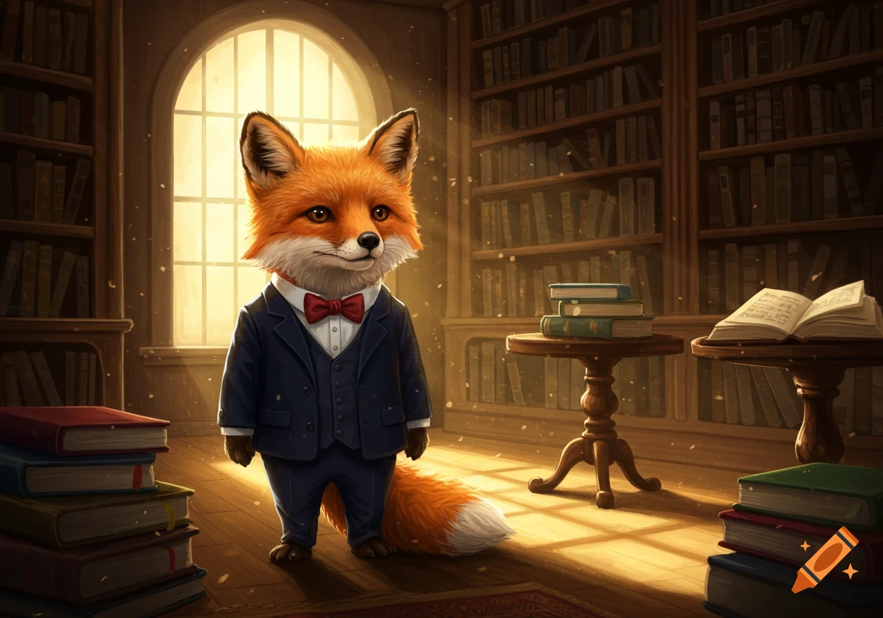 A cute anthropomorphic fox in a suit and bow tie stands in a sunlit library surrounded by bookshelves and books.