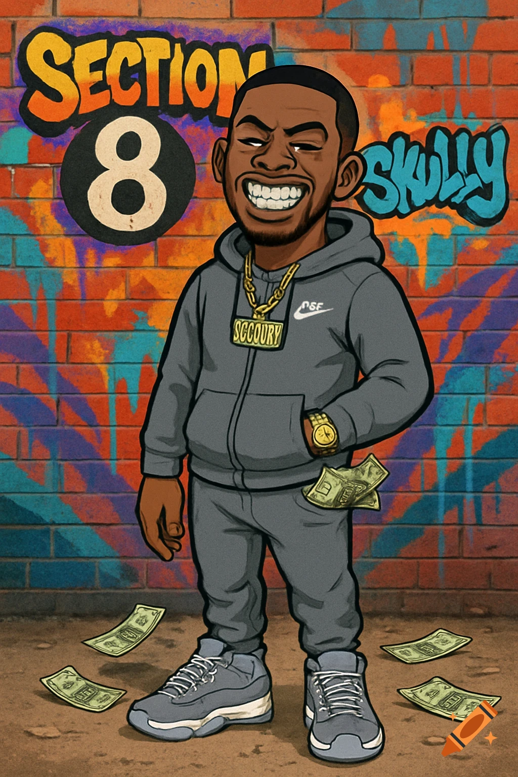 A cartoon man in a grey tracksuit, gold chain, and sneakers stands in front of a graffiti wall with scattered money.