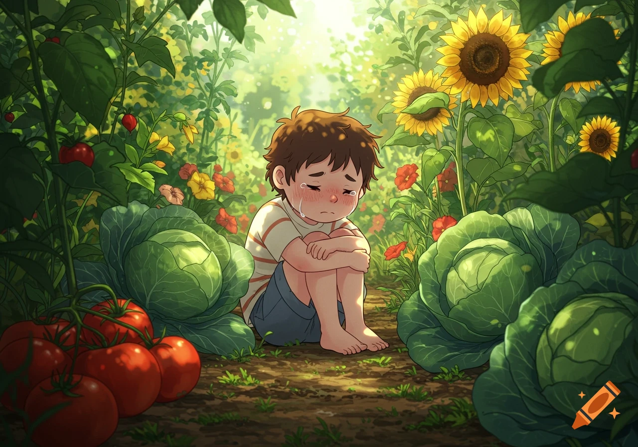 An anime-style image of a sad boy crying, sitting in a lush garden filled with large cabbages, tomatoes, and sunflowers.