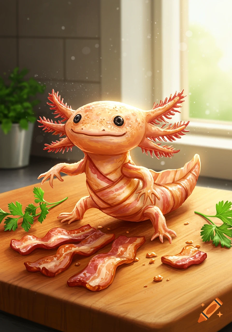 A cute, smiling axolotl made of bacon strips stands on a wooden cutting board with parsley and loose bacon, in a sunlit kitchen.