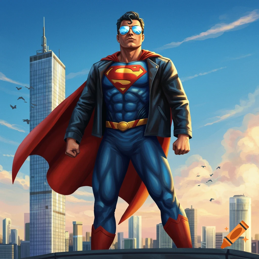 A man in a blue Superman suit with a red cape and black jacket, wearing sunglasses, stands heroically on a rooftop overlooking a city skyline.