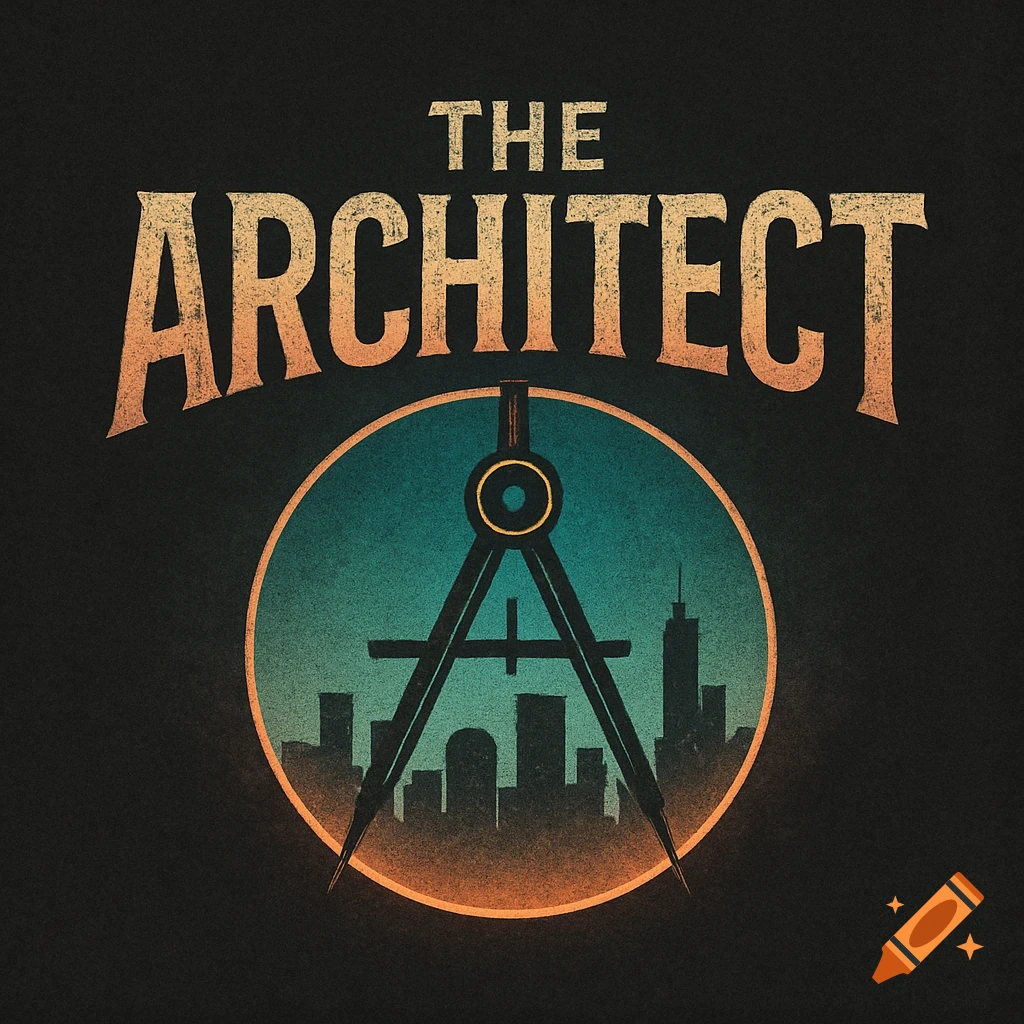 A stylized logo with 'THE ARCHITECT' text above a compass symbol. Inside the compass, a circular frame shows a cityscape silhouette against a teal and orange gradient sky on a dark background.
