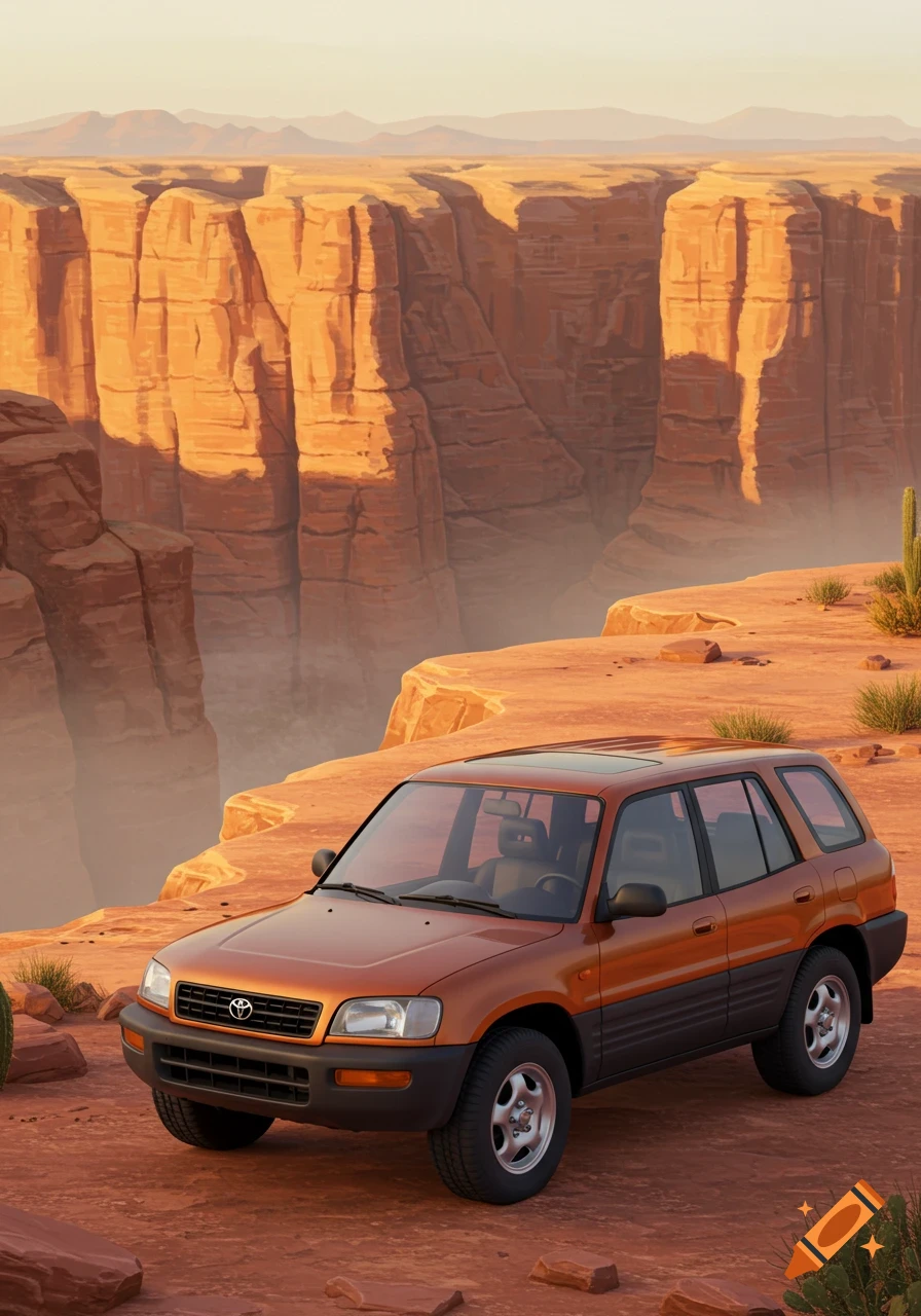 An orange Toyota RAV4 parked on a dirt road overlooking a vast desert canyon landscape under a clear sky.