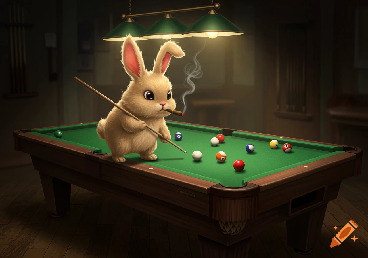 A cute fluffy tan bunny rabbit standing on a green billiards table, holding a cue stick and smoking a cigar, in a dimly lit room.
