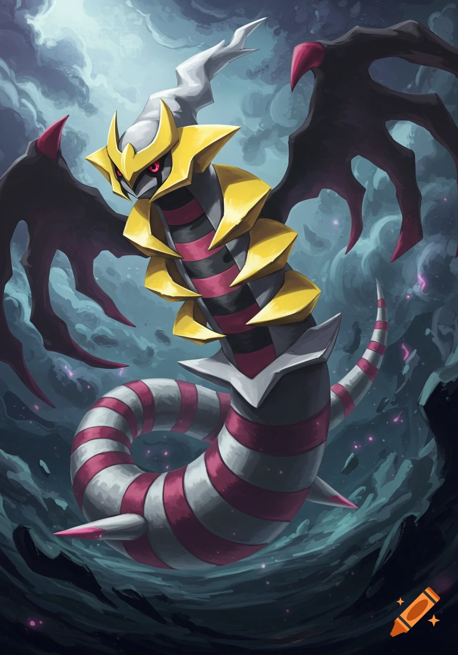 A striking illustration of Giratina in its Origin Forme, a powerful Pokémon with gold armor and a striped body, against a dark, ethereal background.