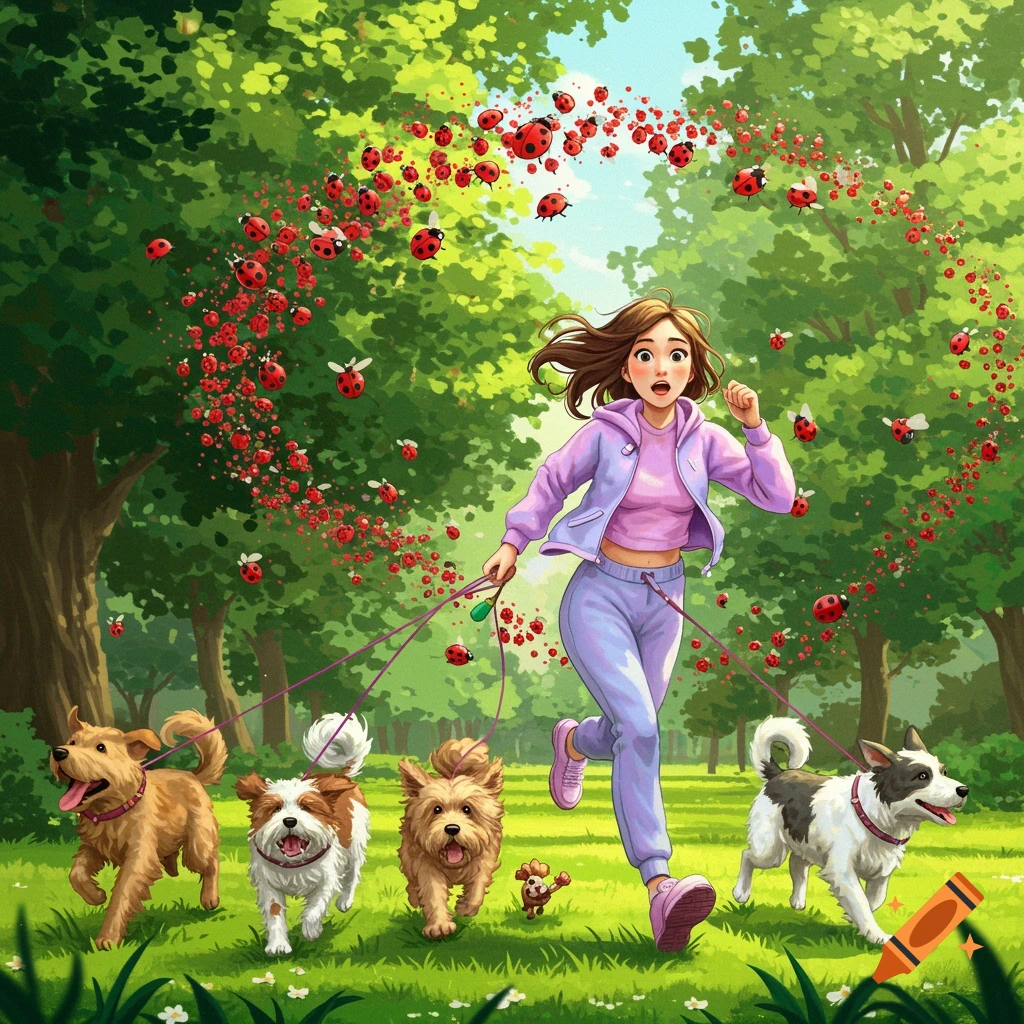 A woman in purple sweats runs with three dogs in a green park, as a swarm of ladybugs flies in an arch above her.