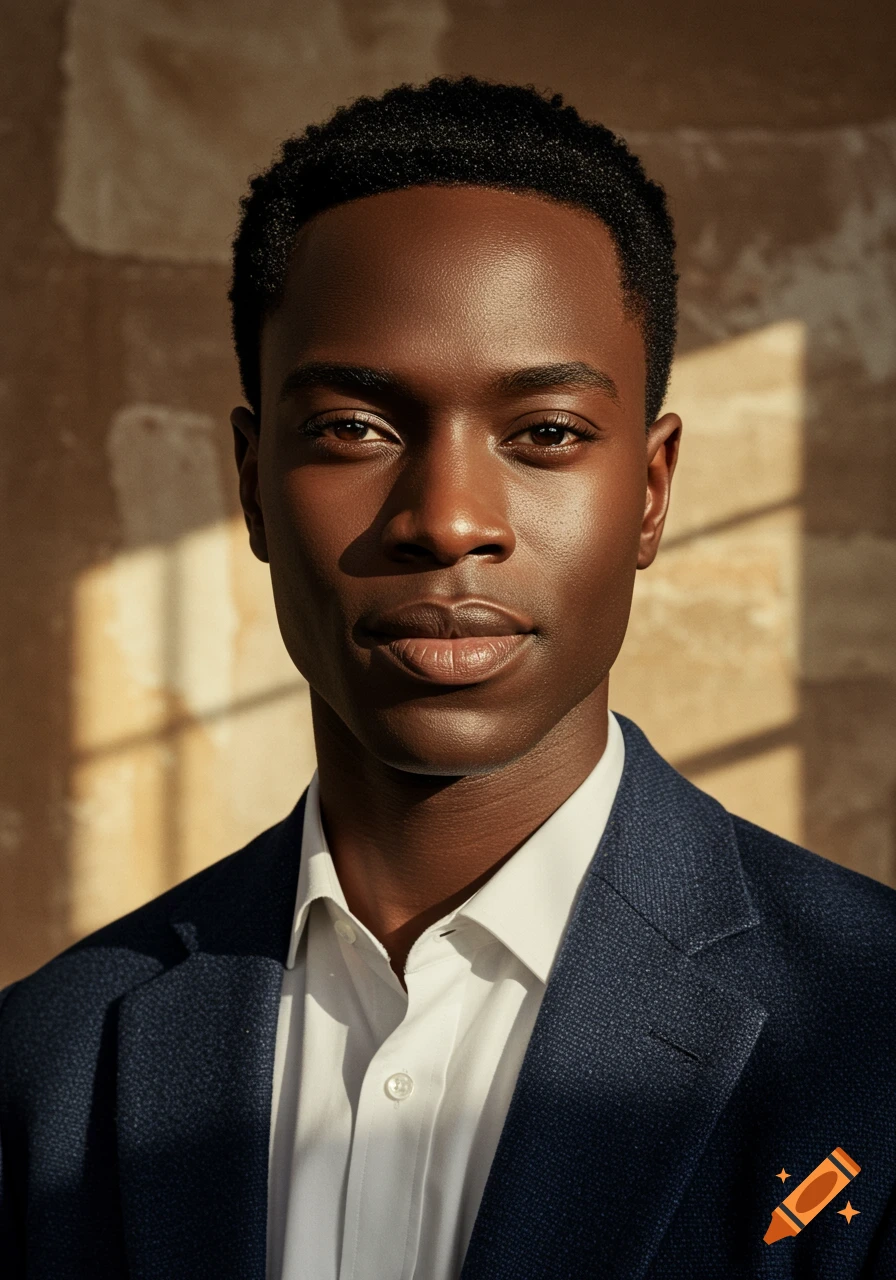 A photorealistic close-up portrait of a young African American man in a dark suit and white shirt, with sunlight on his face.