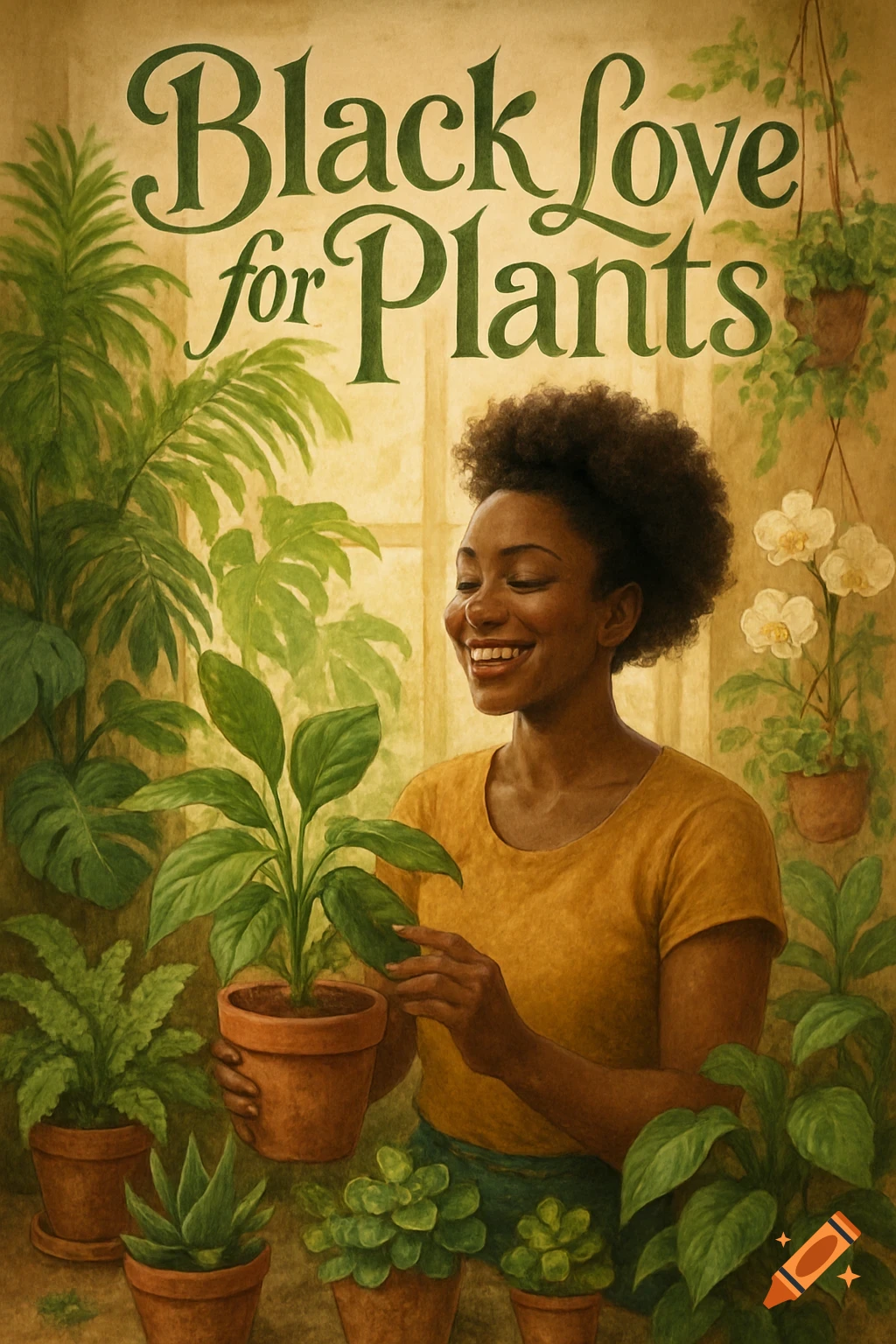 Smiling Black woman tending to a potted plant surrounded by many houseplants, with 'Black Love for Plants' text at the top in a painterly style.