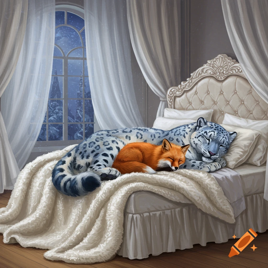 A snow leopard and a fox peacefully sleeping together on a large bed in a room with a snowy window view, digital art.