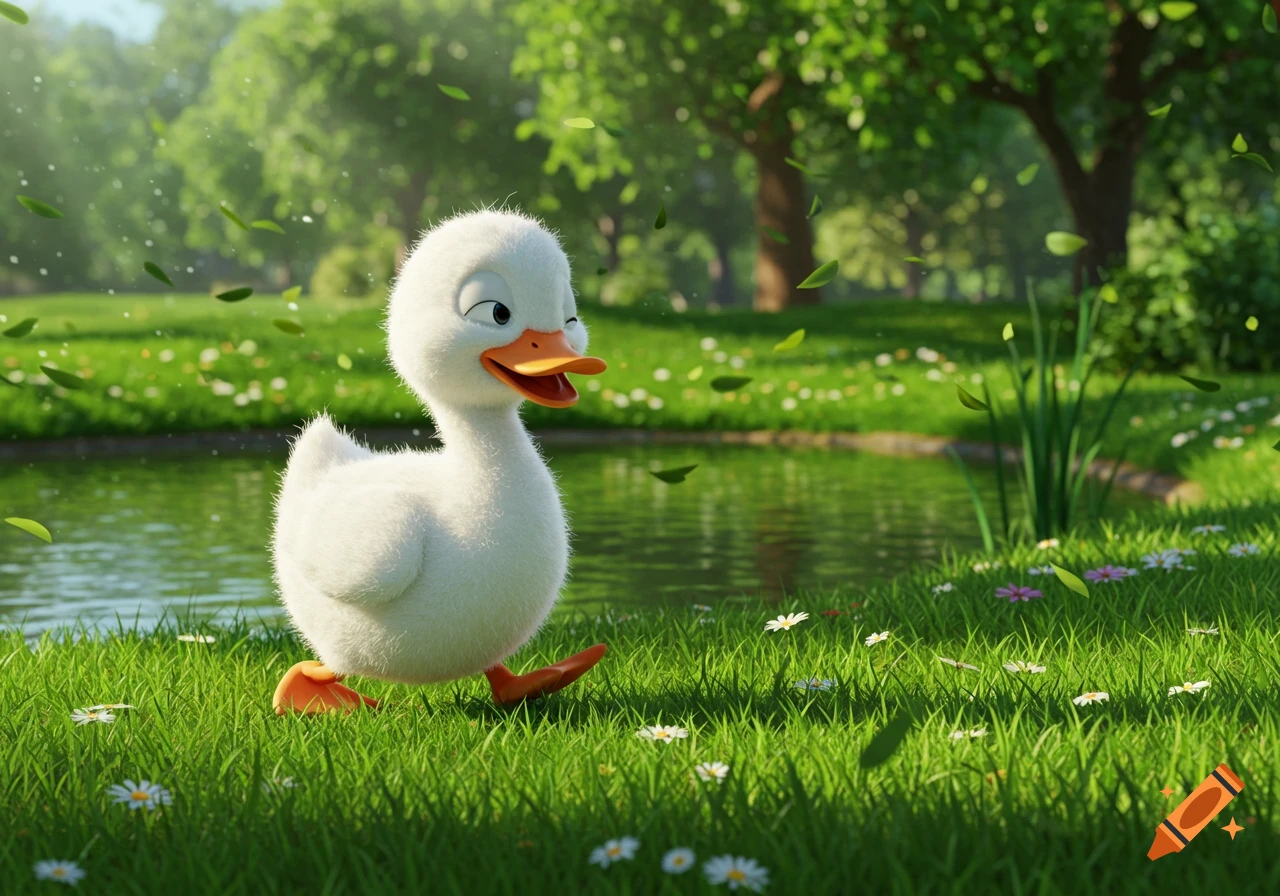 A cute fluffy white duckling waddles through green grass with daisies near a pond, in an animated style.
