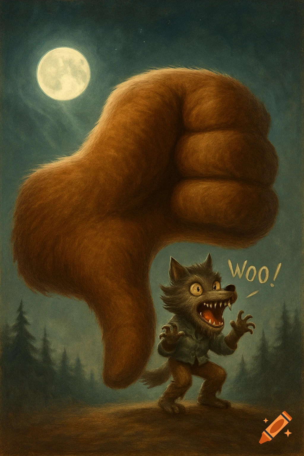 A giant furry brown thumbs down stands next to a cartoon werewolf shouting 'WOO!' under a full moon in a spooky forest.
