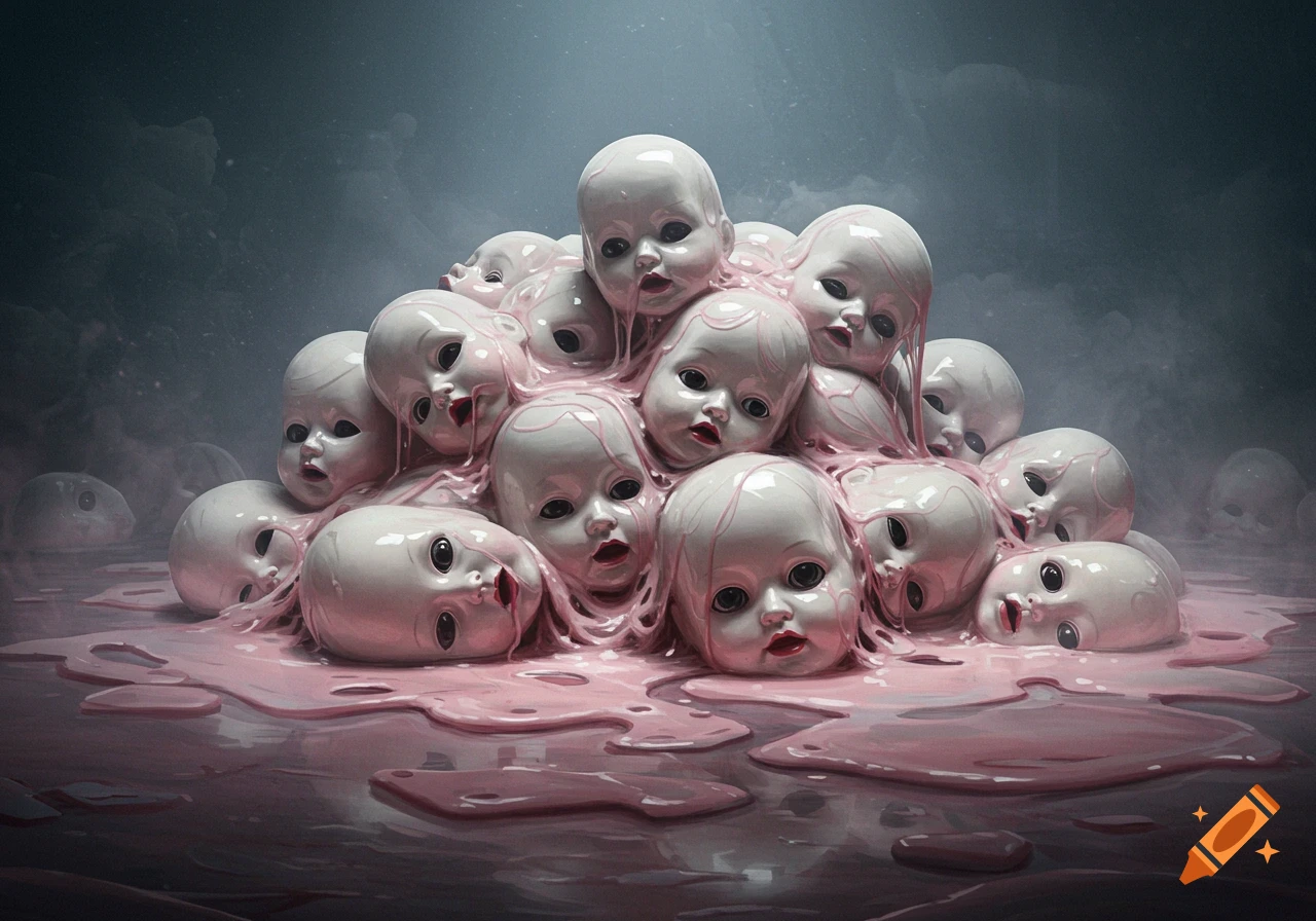 A pile of white, distorted doll heads submerged in and covered with pink, melting goo, set in a dark and eerie environment.
