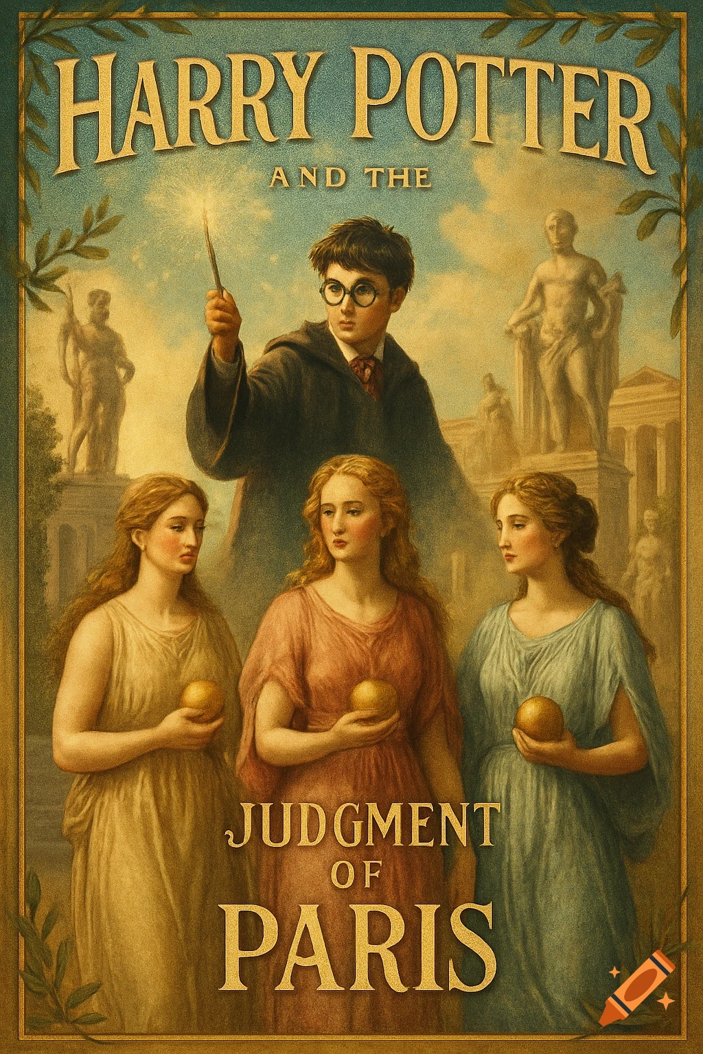 An illustrated book cover for 'Harry Potter and the Judgment of Paris,' showing Harry Potter with a glowing wand above three women holding golden apples in a classical setting.