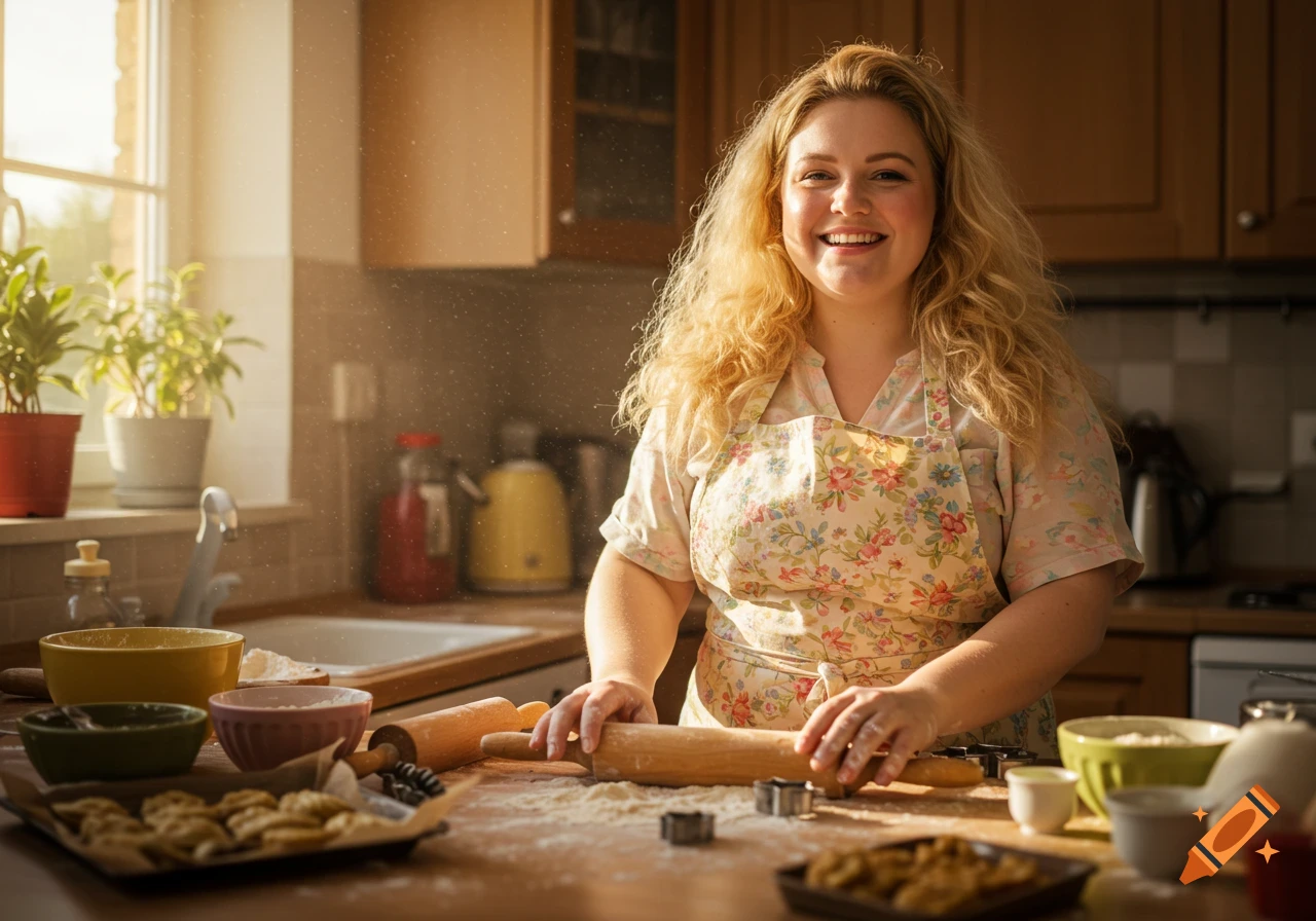 A smiling blonde woman in a floral apron rolls dough on a flour-dusted kitchen counter, surrounded by baking tools and ingredients, lit by sunlight.