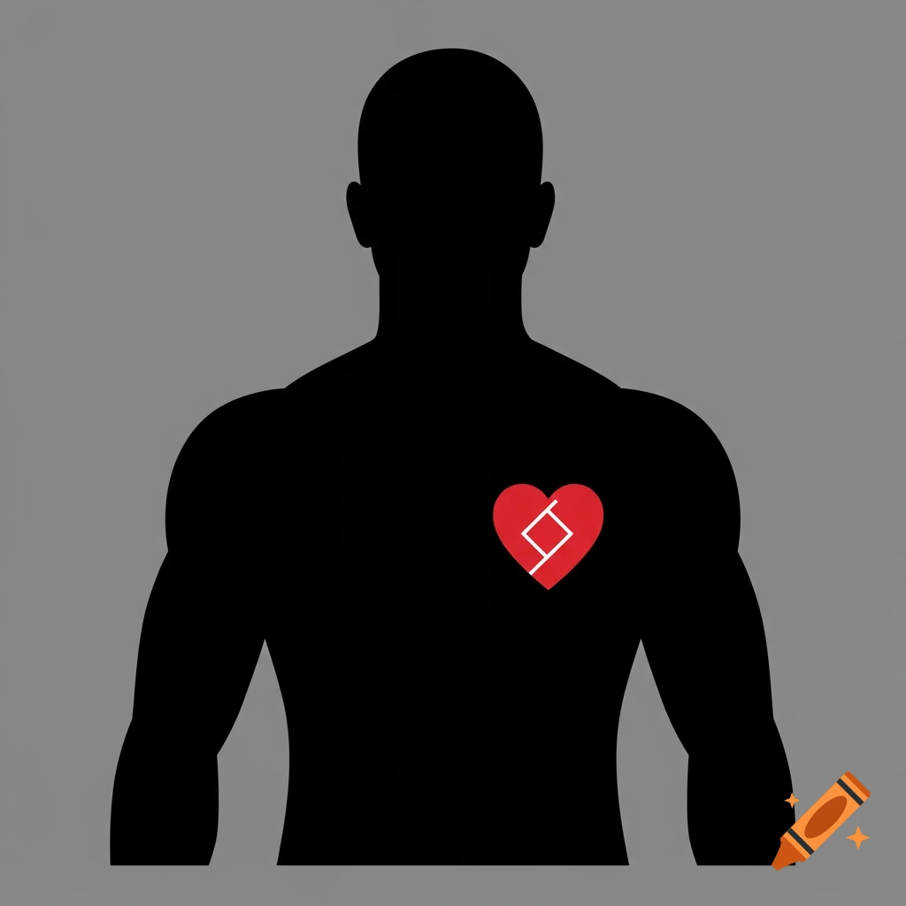 A black silhouette of a man with a red heart containing white lines on his chest, against a gray background.