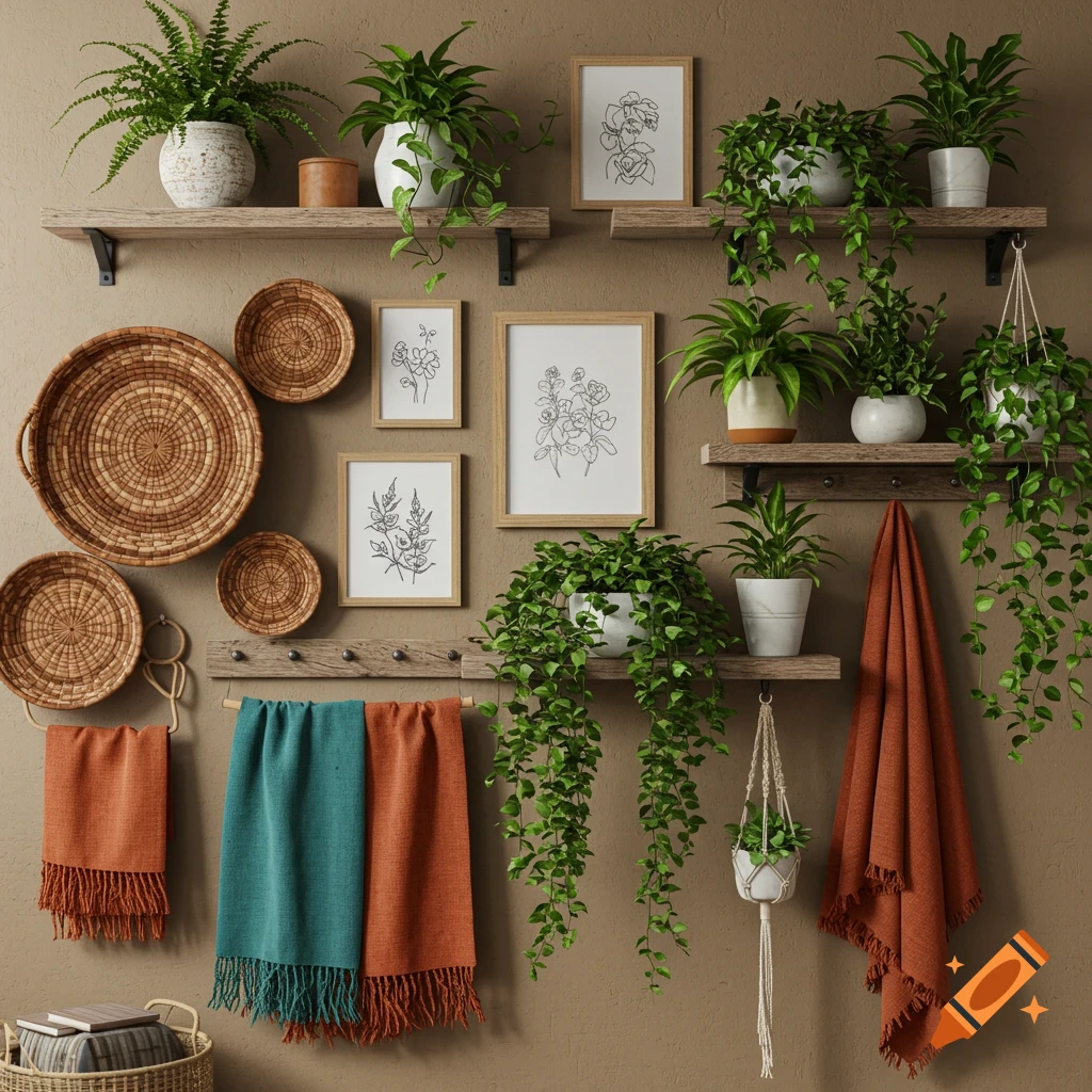A bohemian and rustic living room wall with wooden shelves, many potted plants, woven baskets, framed art, and hanging colorful towels.