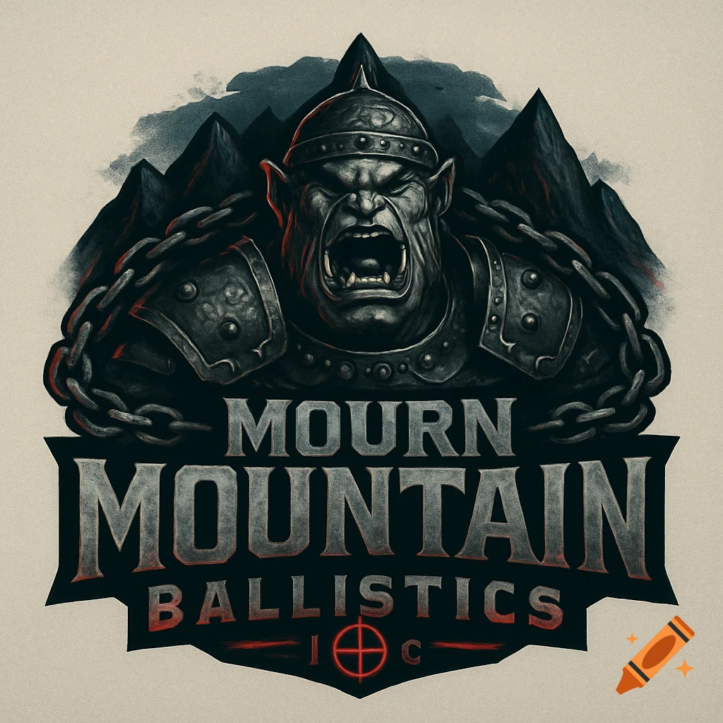A stylized logo featuring a fierce, armored orc-like warrior with chains, set against dark mountains. Text reads 'MOURN MOUNTAIN BALLISTICS I C'.