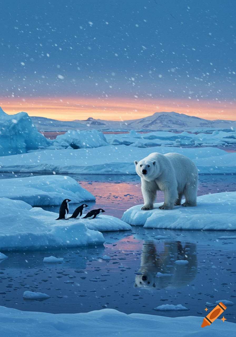 A polar bear stands on an ice floe looking towards three penguins on another ice floe in a snowy arctic landscape at sunset.