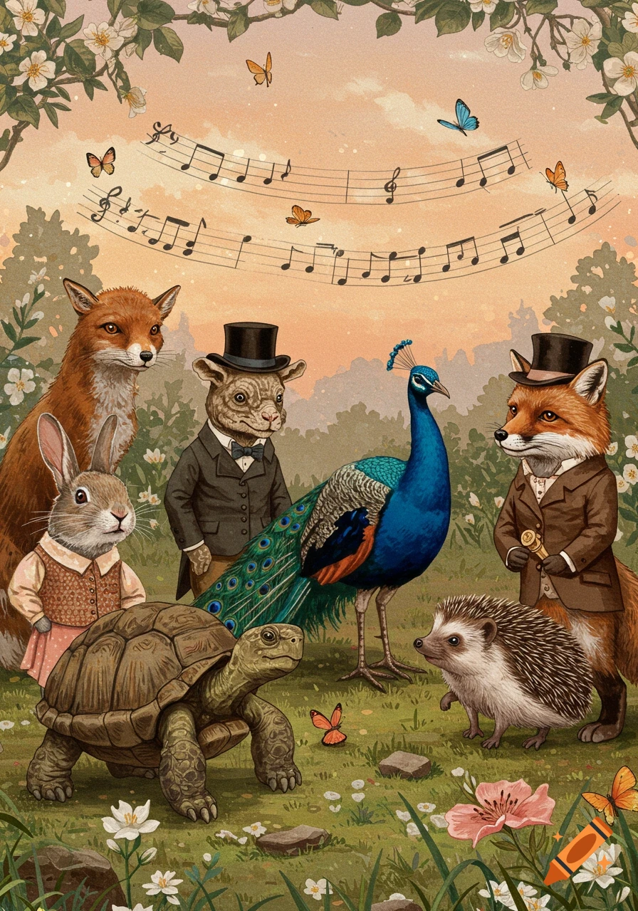 Anthropomorphic animals including foxes, a rabbit, tortoise, peacock, and hedgehog gather in a whimsical garden with musical notes floating above them.