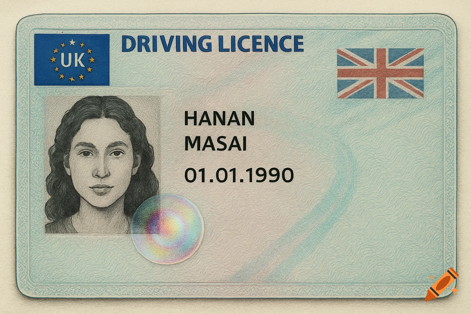 A drawing of a UK driving license with a portrait of a woman, text shows 'DRIVING LICENCE', 'Hanan Masai', and '01.01.1990'.