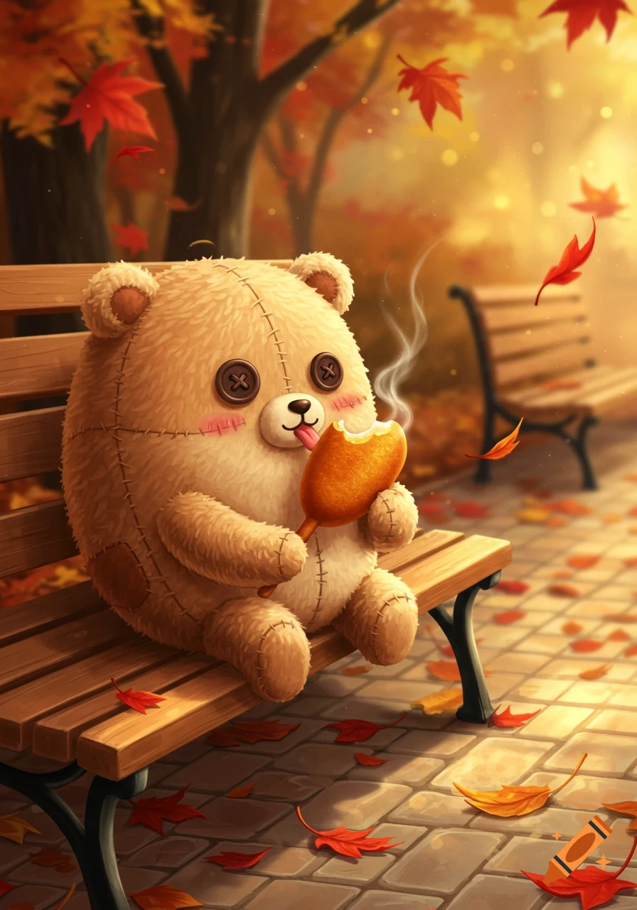 A cute fluffy teddy bear with button eyes sits on a park bench in autumn, happily eating a steaming corndog amidst falling red and orange leaves.