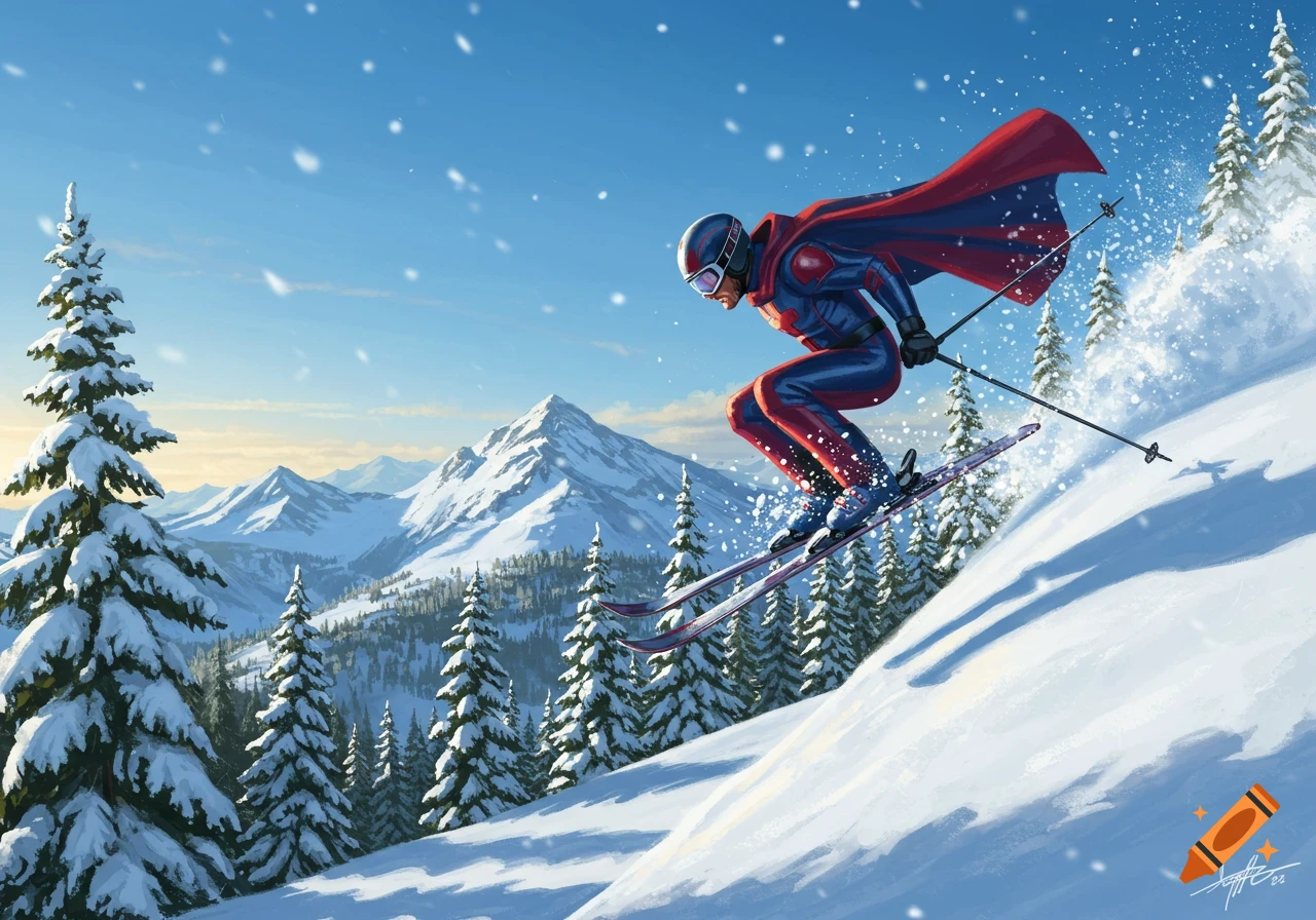 Superhero in a dark suit and red cape skiing down a snowy mountain with pine trees and peaks.