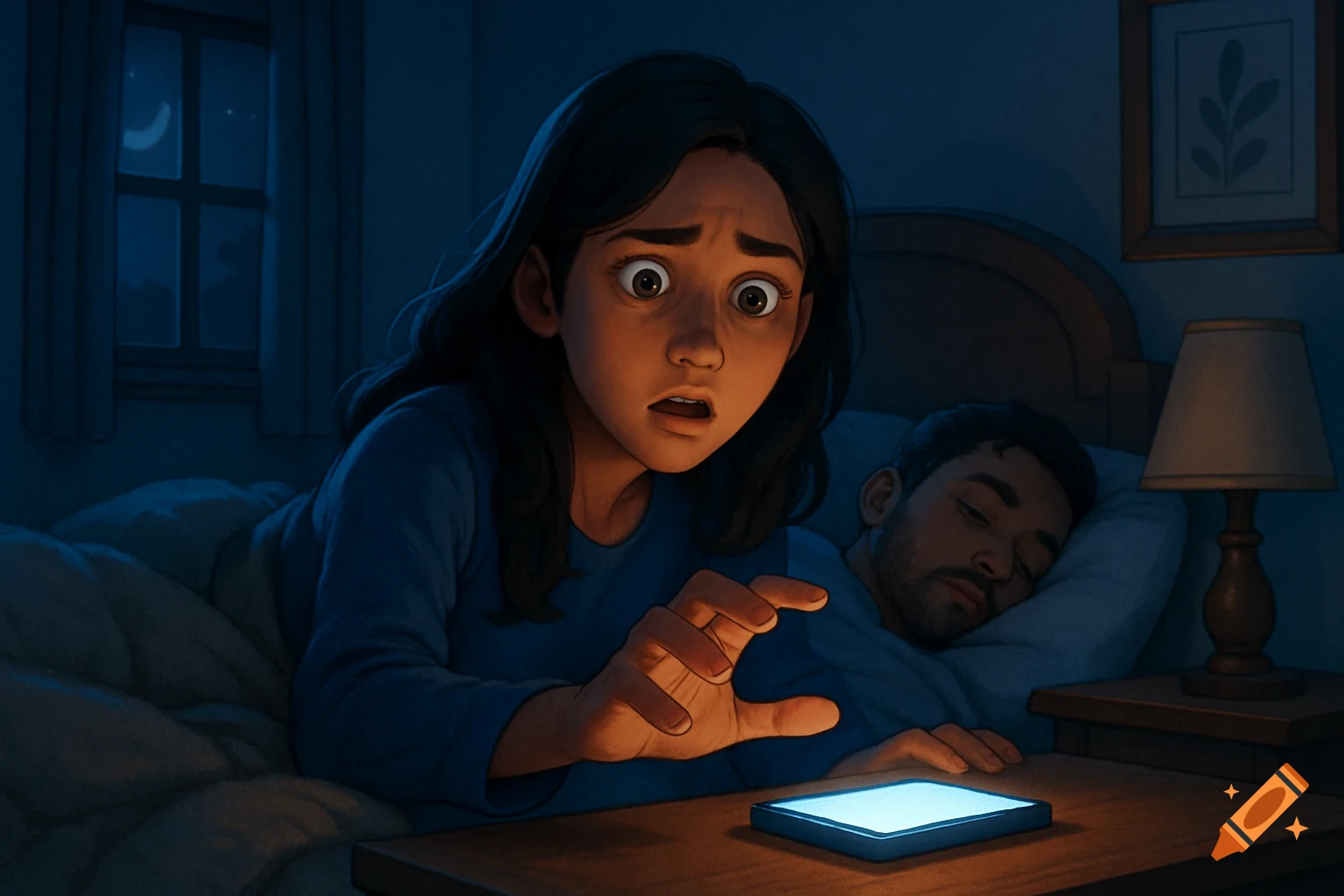Cartoon digital painting of a worried woman reaching for a glowing phone on a bedside table, while a man sleeps in a dark bedroom.