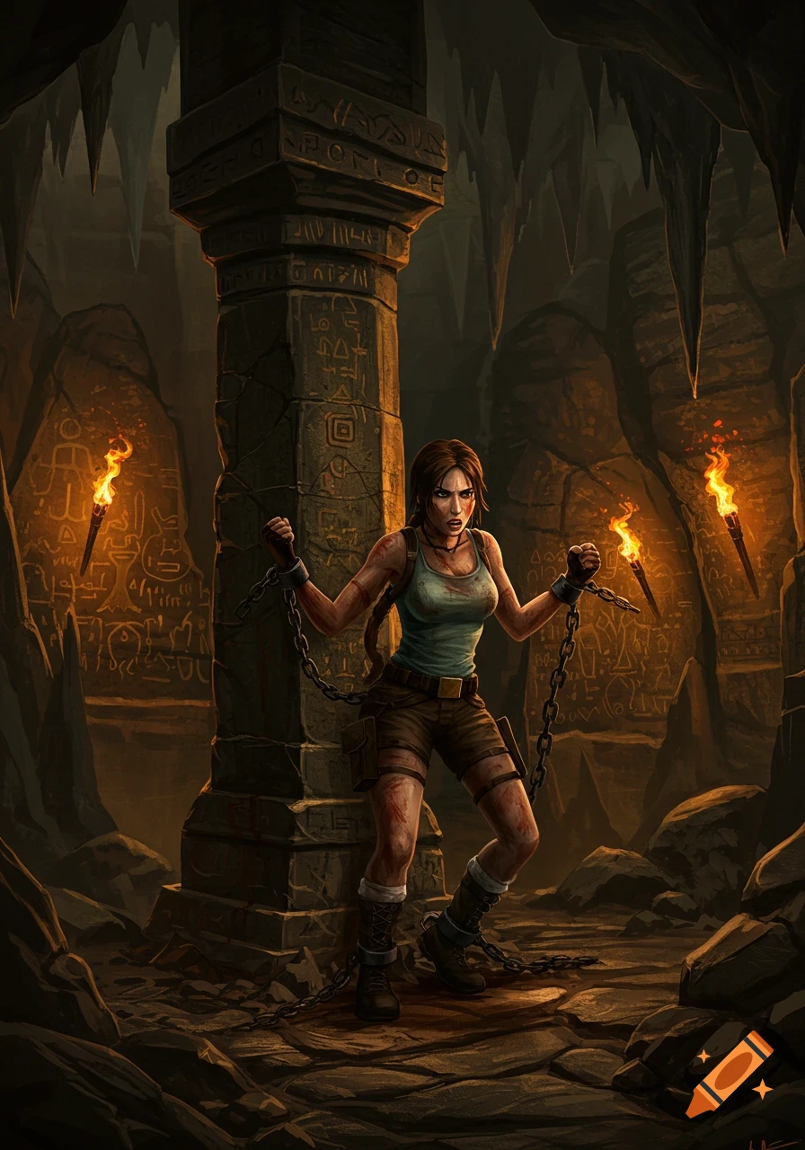 Lara Croft, chained by her wrists, stands defiantly in a torch-lit ancient cave with hieroglyph-covered pillars and rocky formations.
