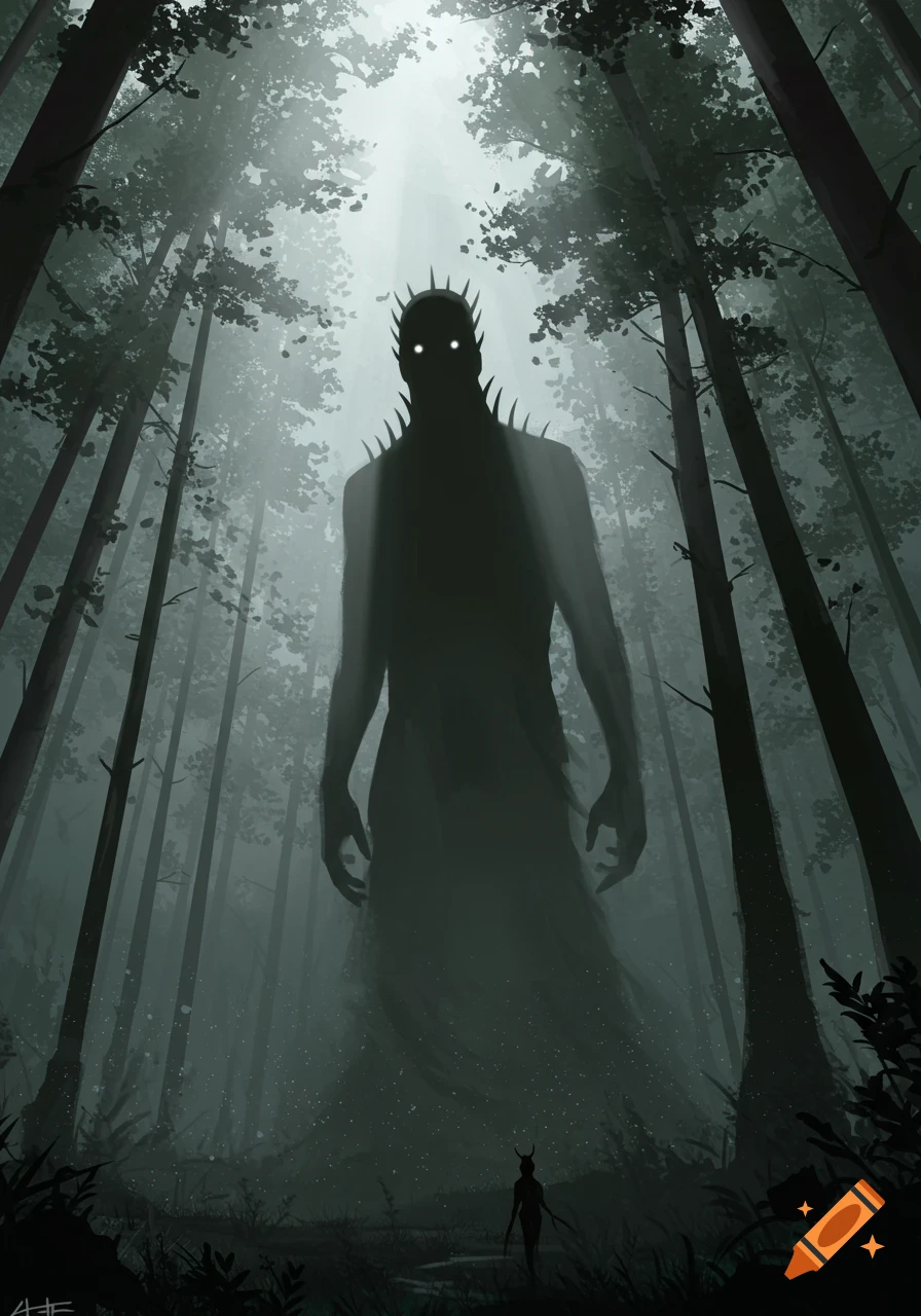 A massive, shadowy figure with glowing eyes and spikes looms over a small, horned creature in a dark, misty forest, viewed from a low angle.