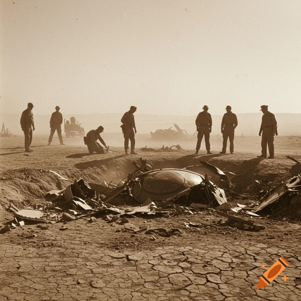 Sepia-toned photo of men investigating a crashed object in a desert crater.