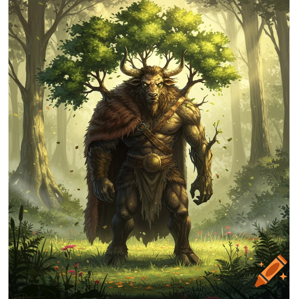 A muscular, treelike minotaur with horns and branches growing from its head stands in a sunlit forest clearing, wearing a fur cloak.