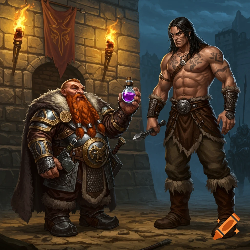 A muscular barbarian with long dark hair holds a dagger while a dwarf warrior with a red beard offers him a glowing purple potion outside a stone fortress.