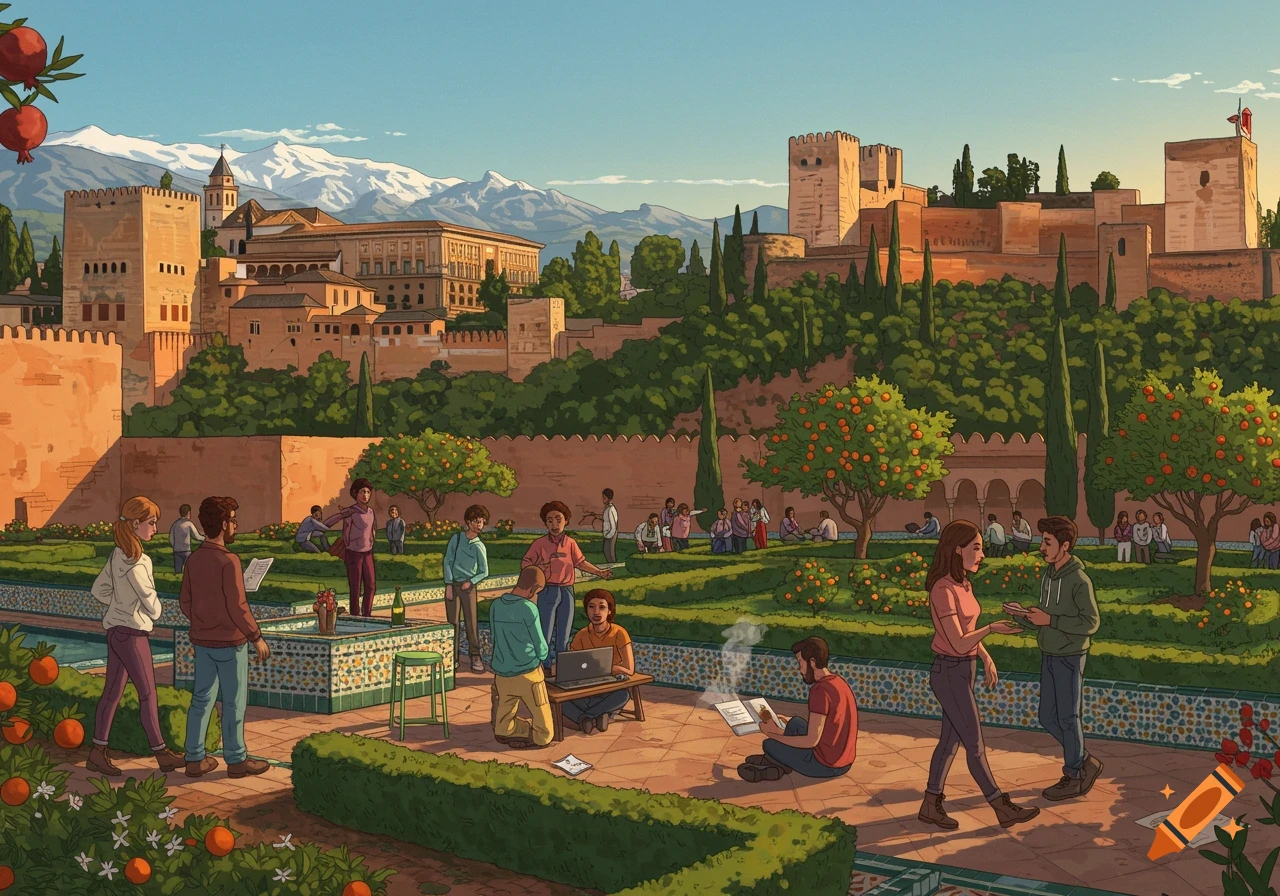 An illustrative view of the Alhambra in Granada, Spain, with lush gardens in the foreground where people are relaxing, walking, and working on laptops and books.