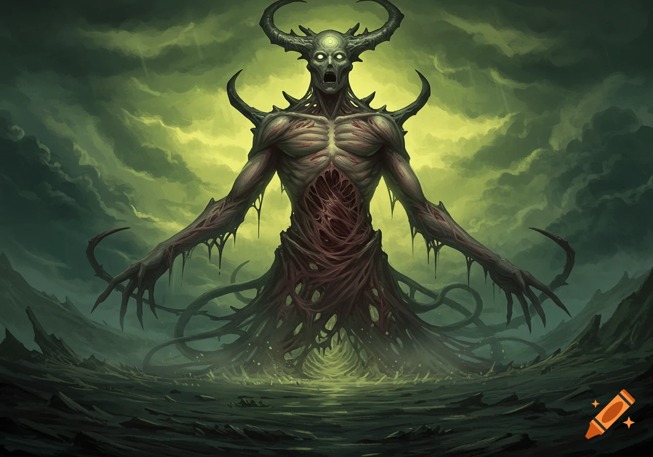 A grotesque, skeletal creature with horns and exposed flesh, its lower body transforming into tendrils, stands in a desolate, misty landscape under a sickly green sky.