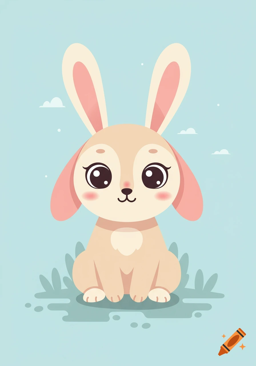 Cute cartoon light brown bunny with large eyes and long ears, sitting in light green grass against a light blue sky.