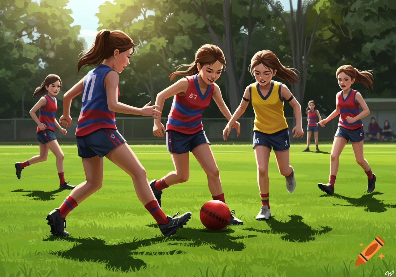 Group of girls in colorful uniforms playing football on a sunny green field.