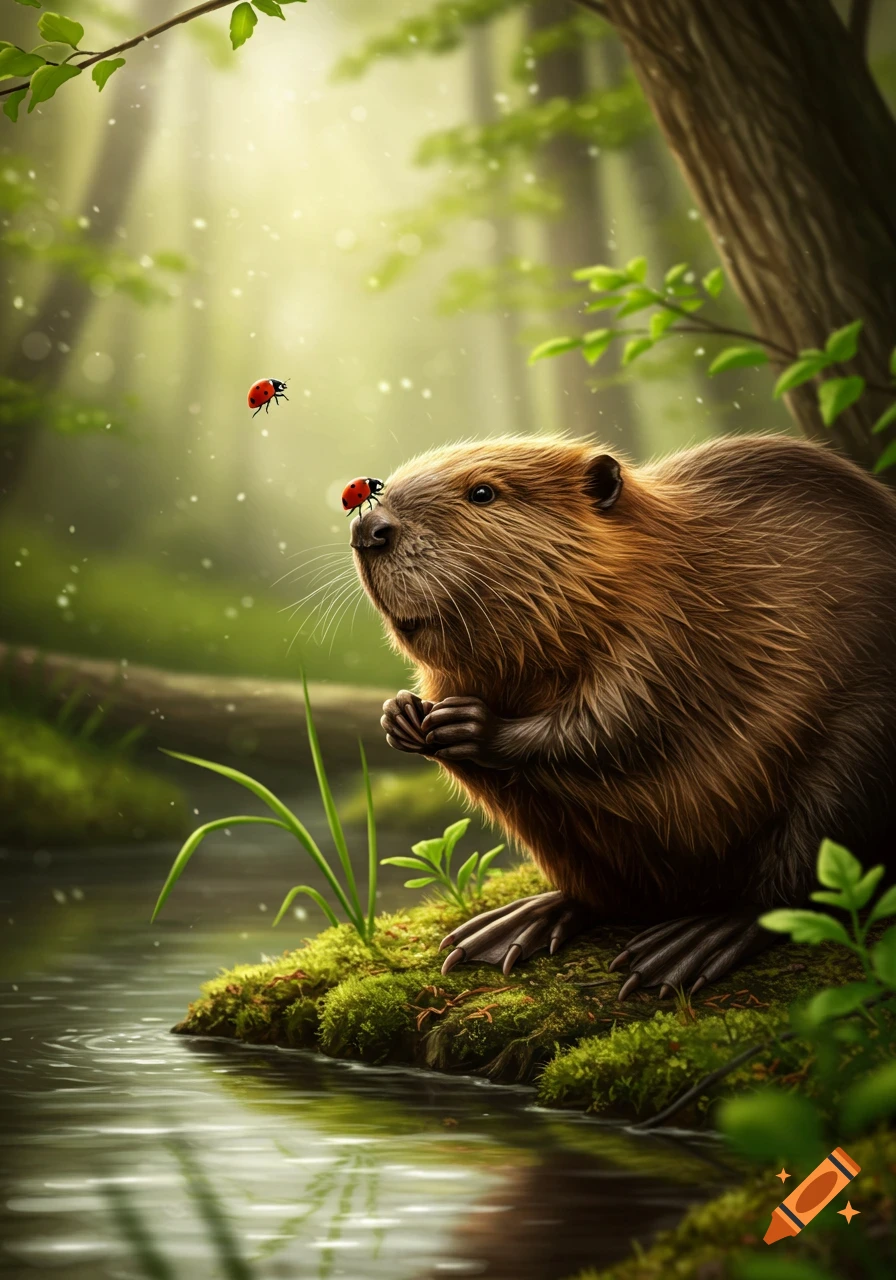A photorealistic beaver sits on a mossy bank by water, a ladybug on its nose, another flying, in a sunlit forest.