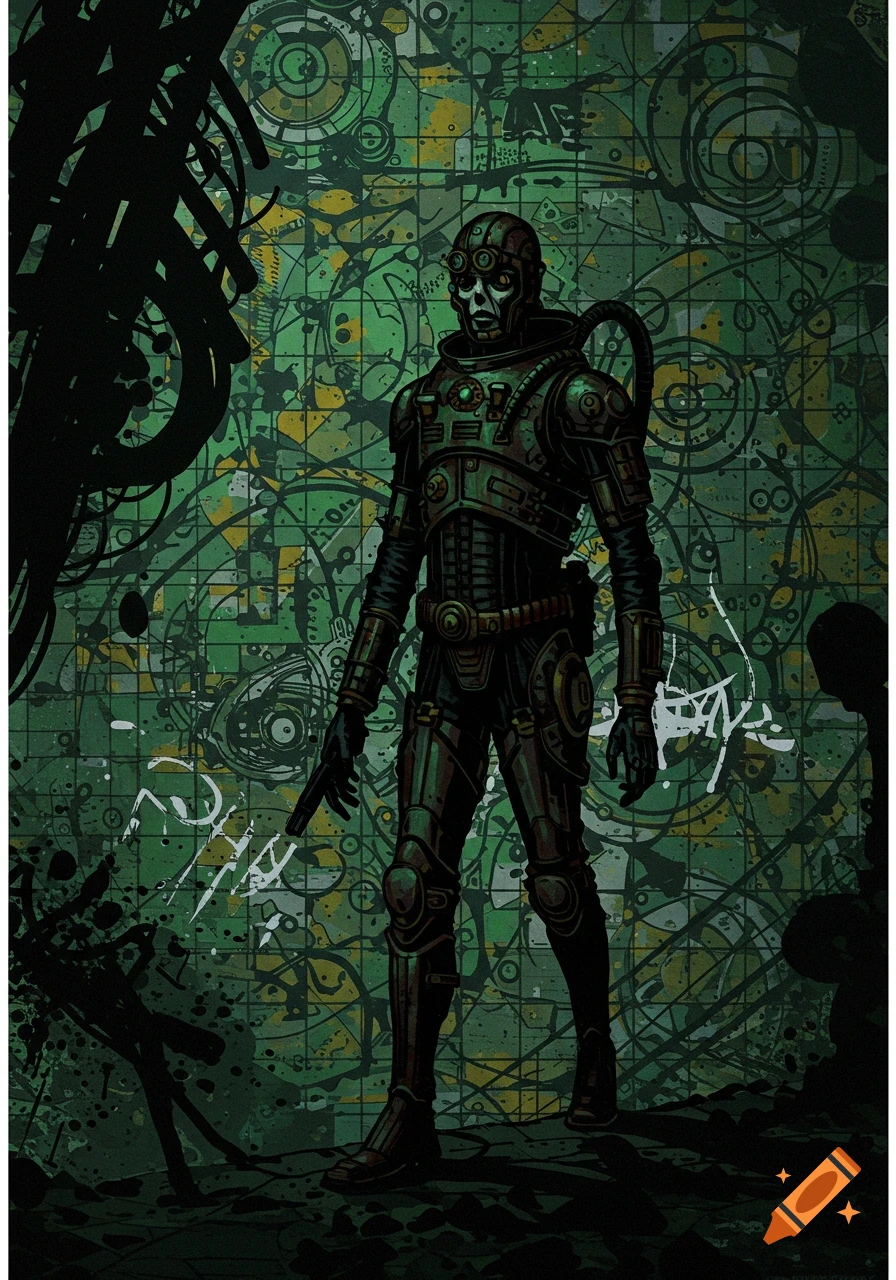 A full-body illustration of a steampunk-cyborg figure with goggles, against a green background with abstract symbols and graffiti.