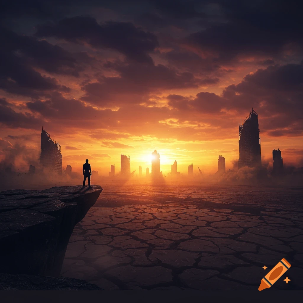 A lone person stands on a cliff overlooking a cracked wasteland and ruined city under a fiery orange sunset.